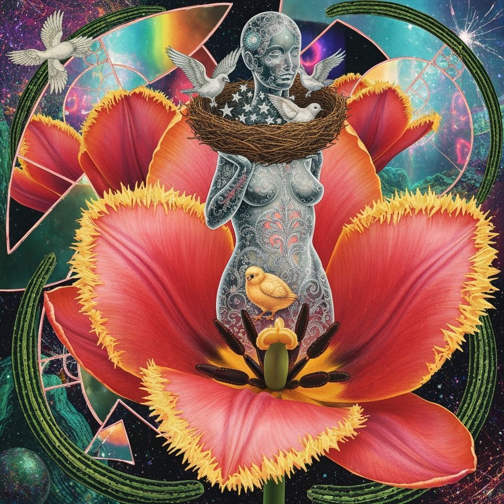 Surreal Bioluminescent Woman With Star Nest Amidst Tulips