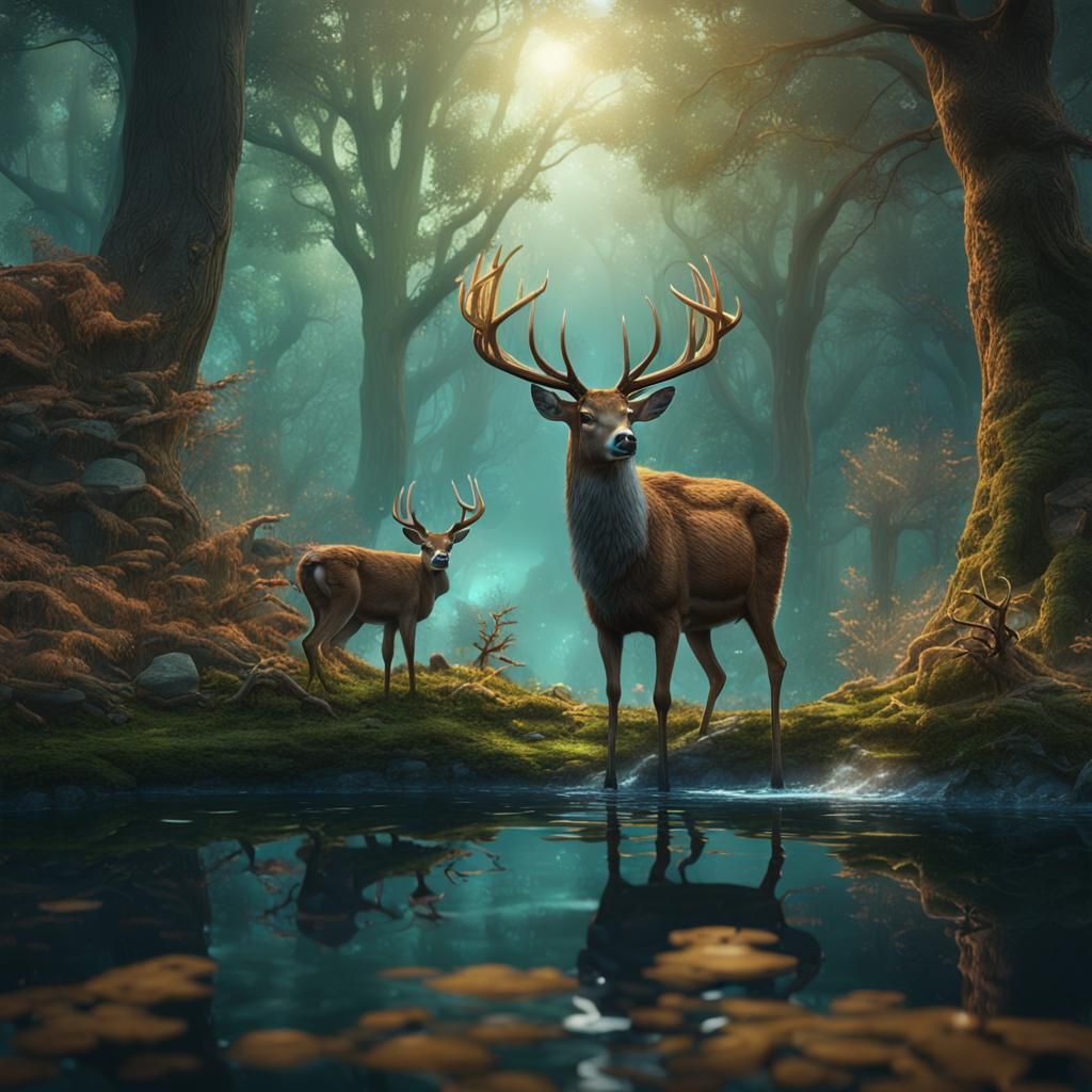 Deer Drinking in Forest: Detailed Matte Painting