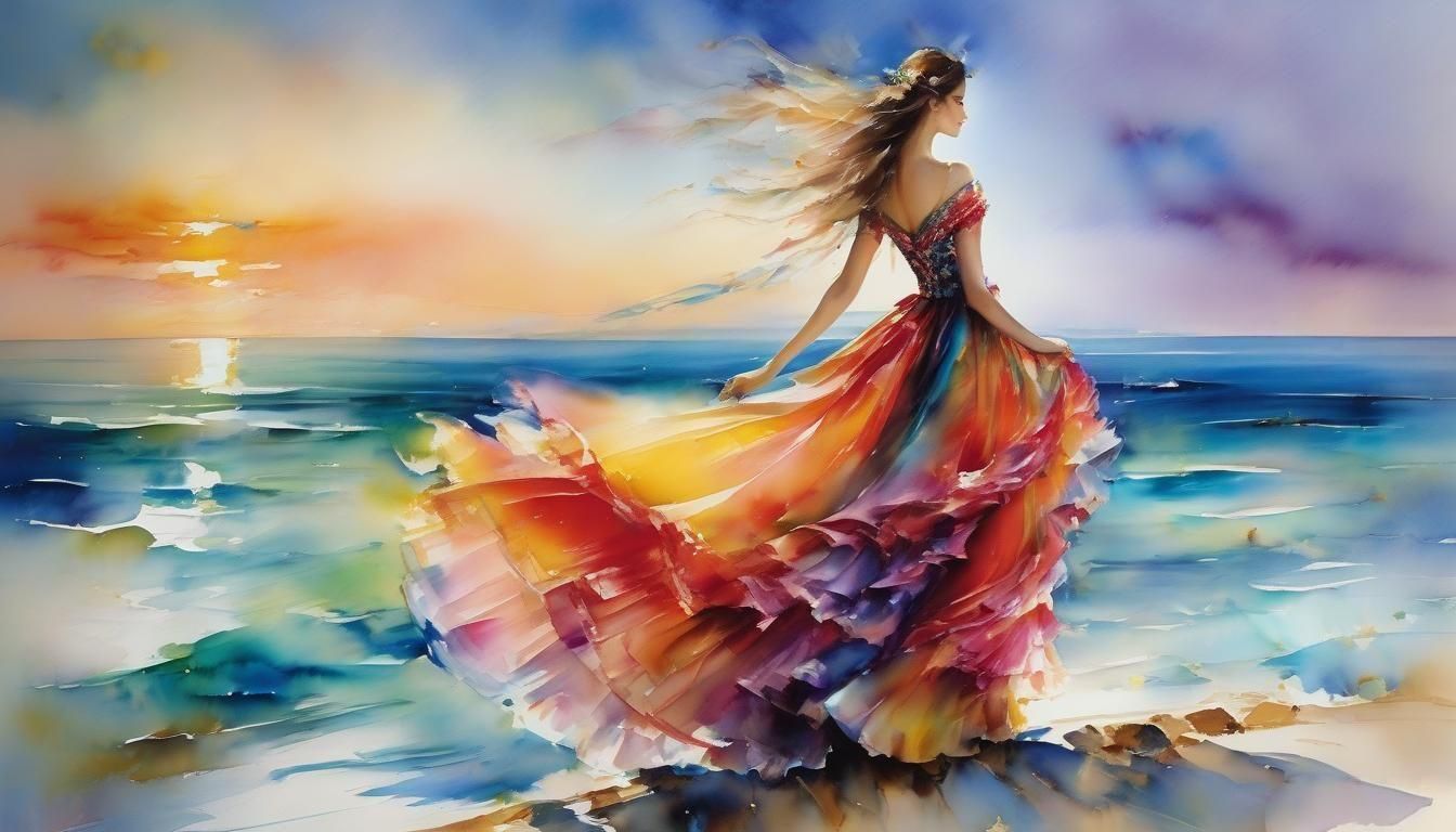 Impressionistic Watercolor of Woman by the Sea