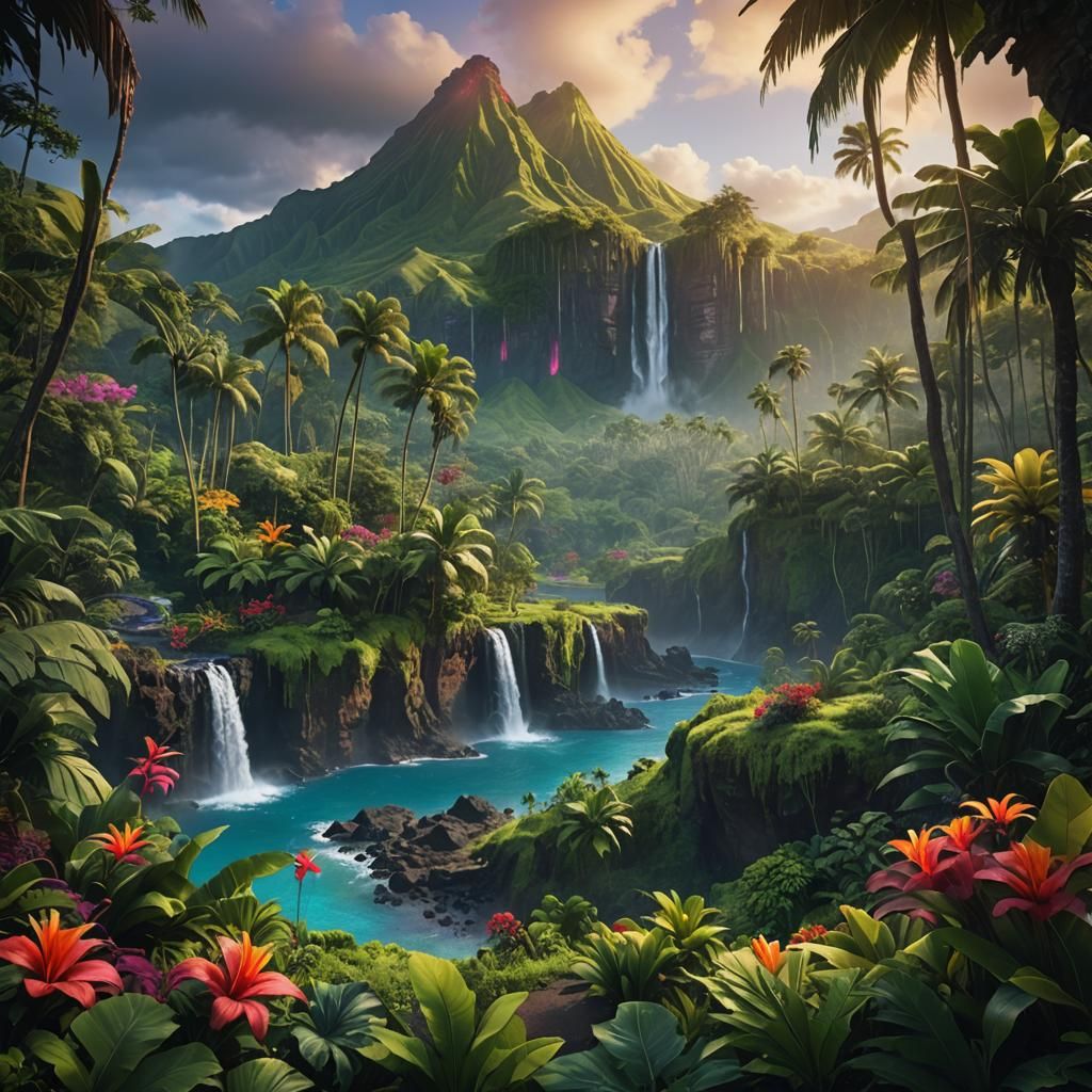 Lush Hawaiian Landscape with Volcano: Digital Matte Painting