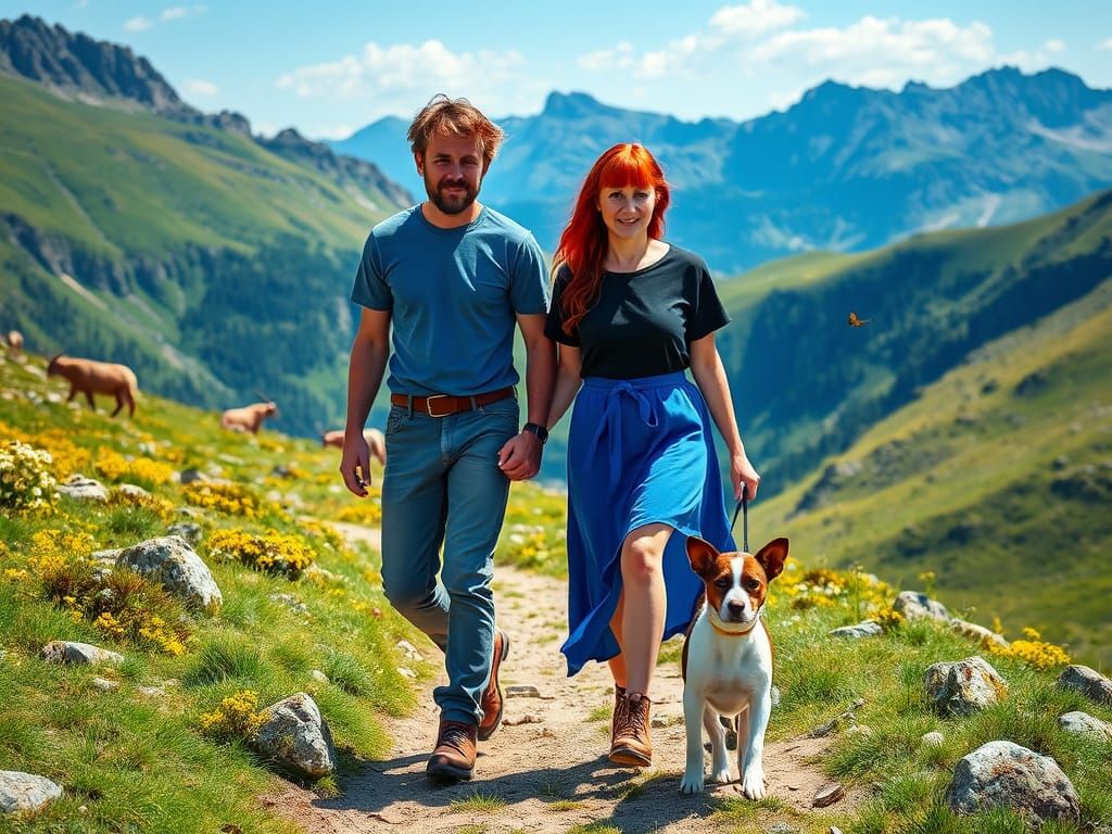 Couple's Idyllic Mountain Stroll in Vibrant Color Palette