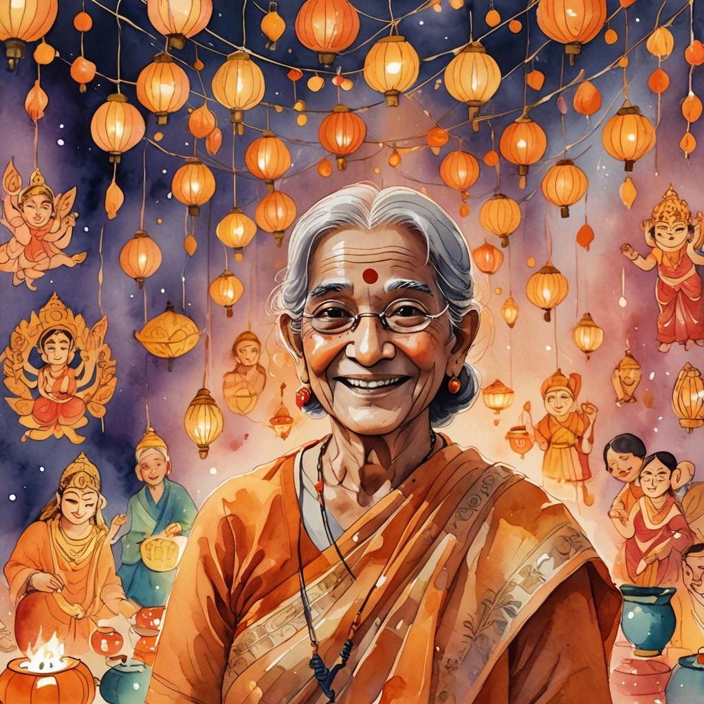 Watercolor Anime of Elderly Person at Durga Puja