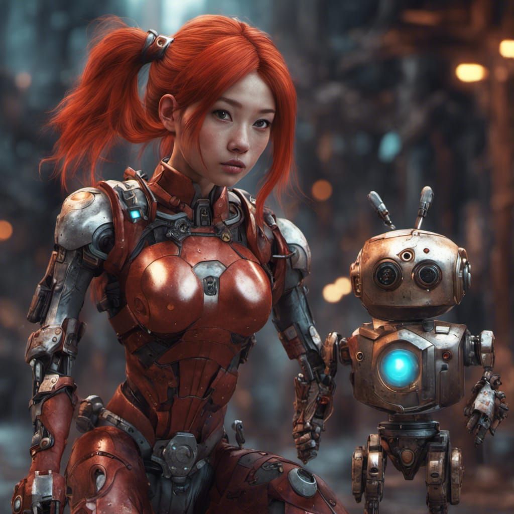 Redhead Asian Superhero with Robot Companion
