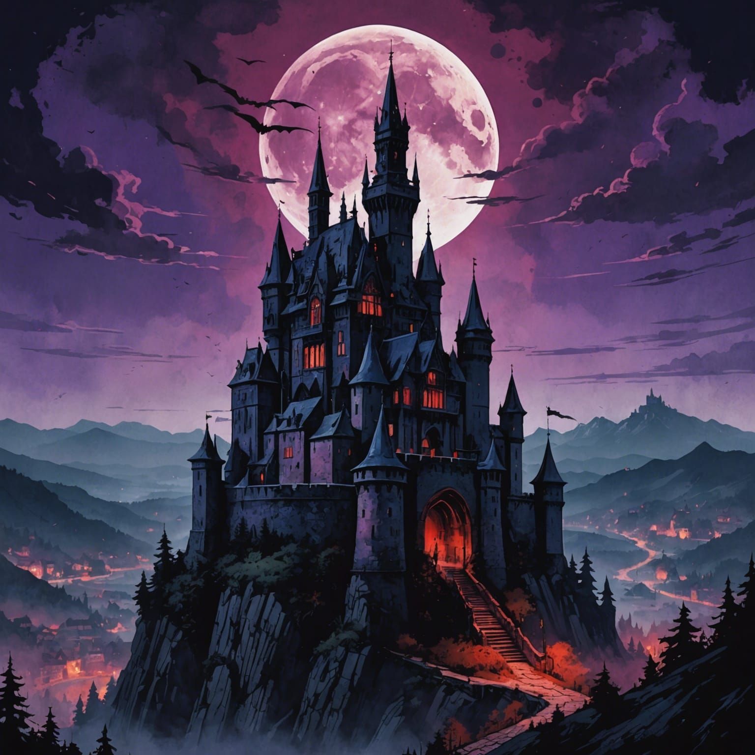 Bloodstained Sky Over Dracula's Castle in Watercolor