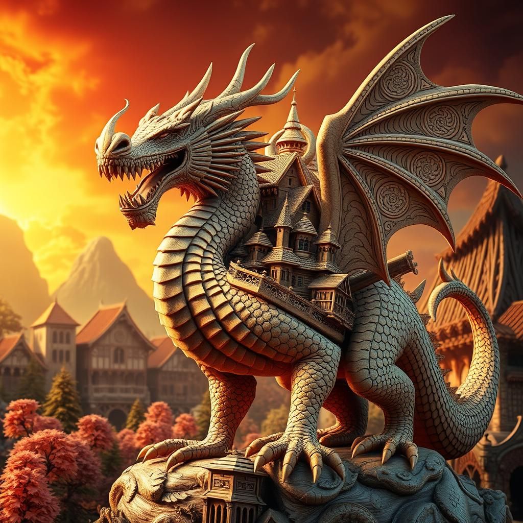 a majestic dragon (correct anatomy) on which a city is carve...