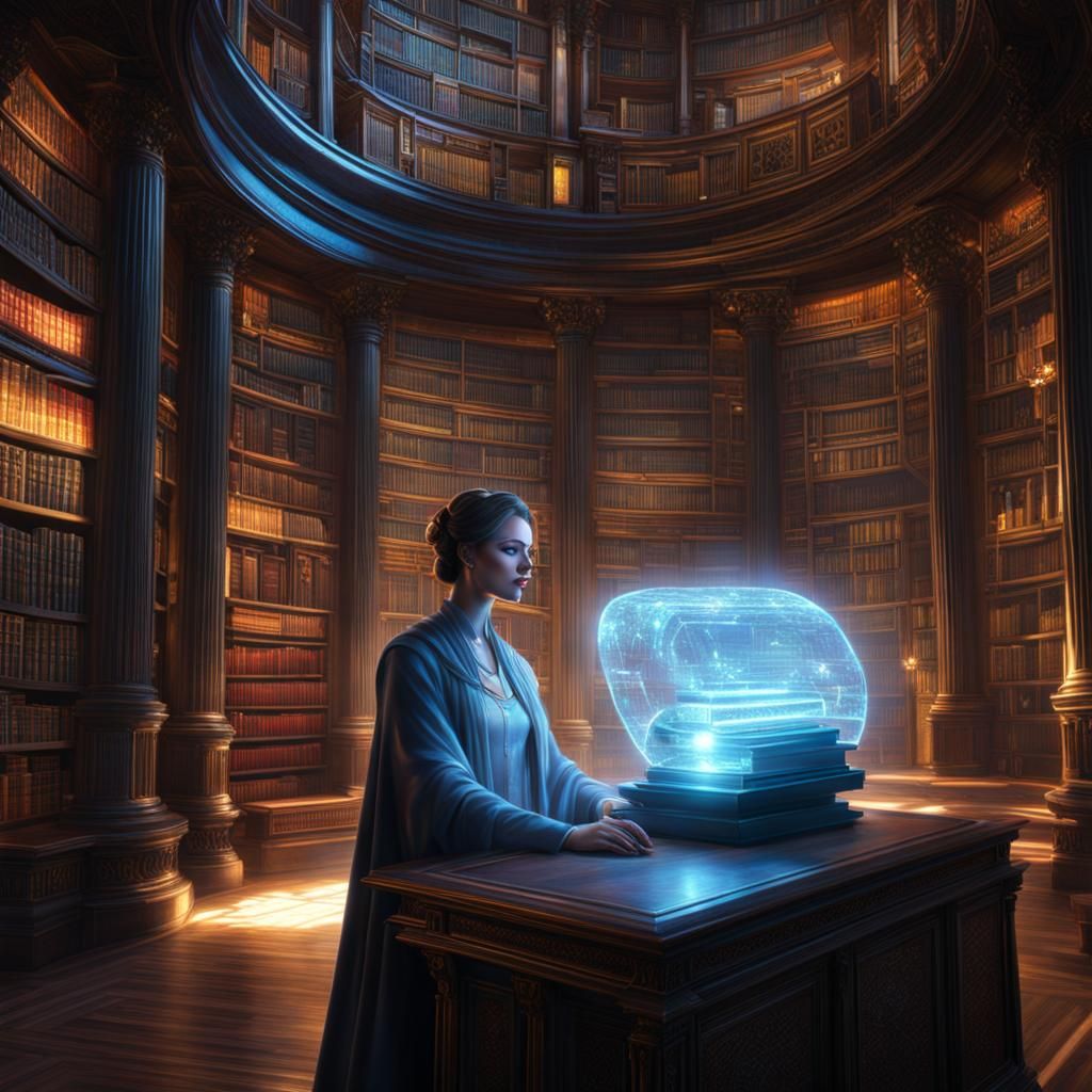Translucent Holographic Librarian in Dynamic Lighting