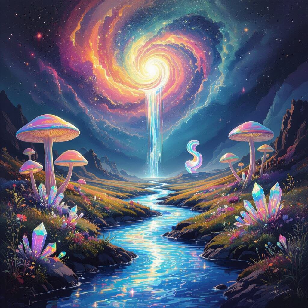 Dreamlike Nebula Waterfall with Iridescent Mushrooms