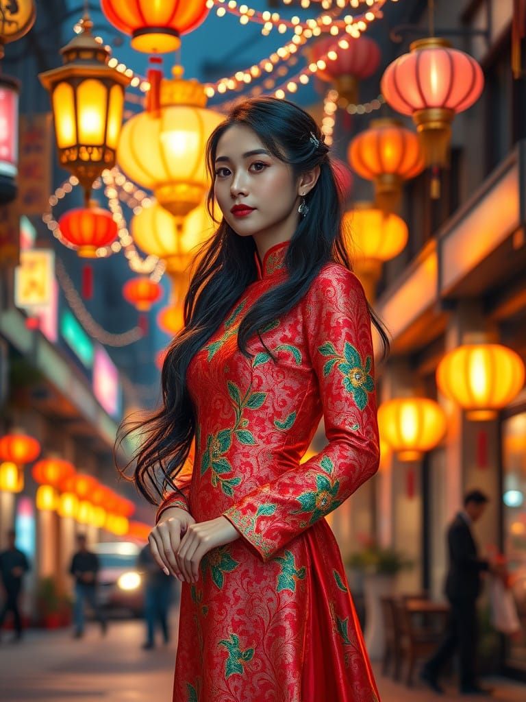 Vietnamese Woman in Vibrant, Hand-Embroidered Áo Dài Long Dr...
