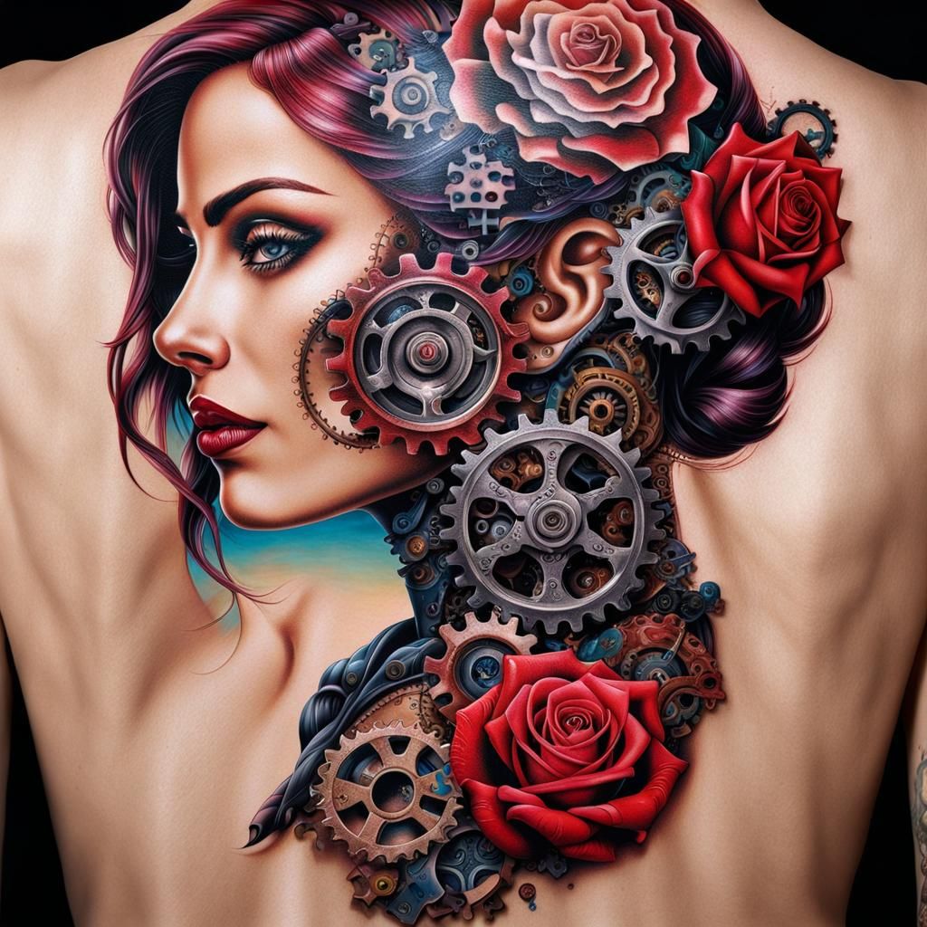 Detailed Tattoo Design: Woman with Gears and Rose