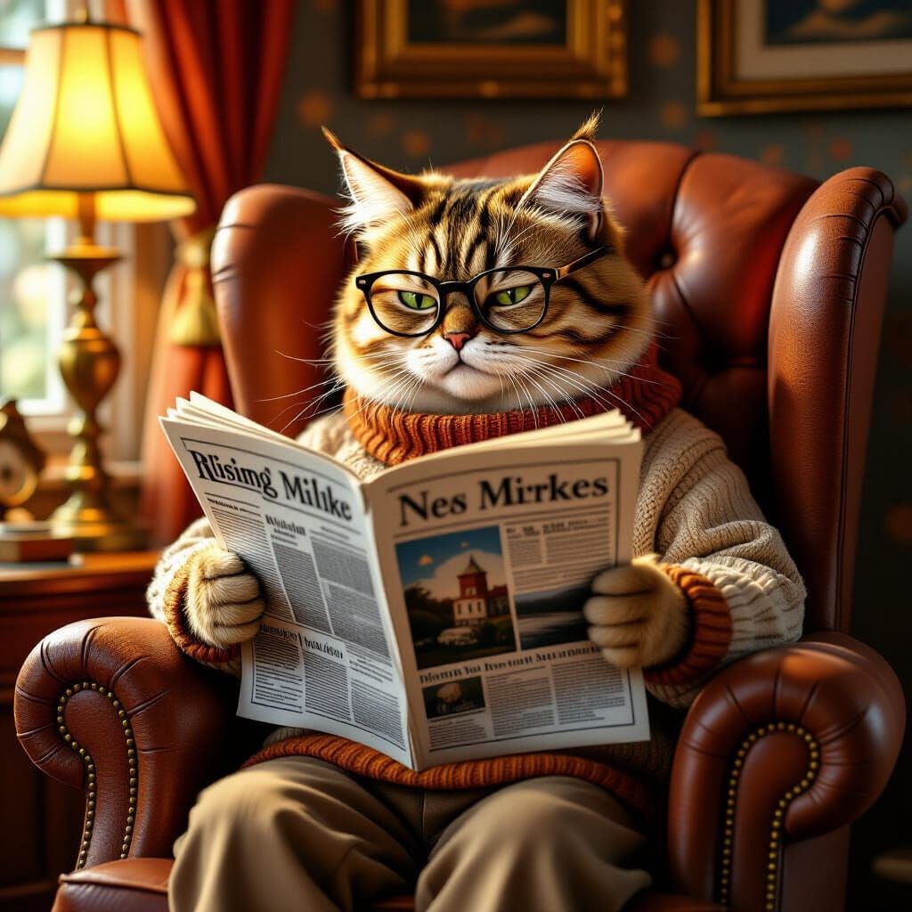 Boomer Cat Reading Newspaper in Rockwell Style