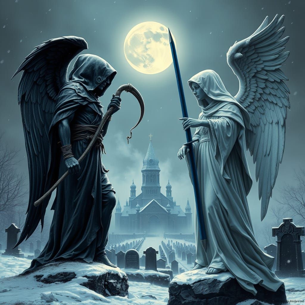 Angels Clash in Dark Monastery, Dramatic Lighting