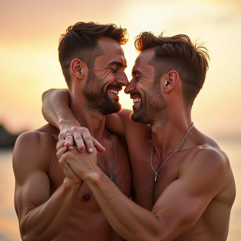 Joyful Beach Sunset: Two Men Embracing in Warm Light