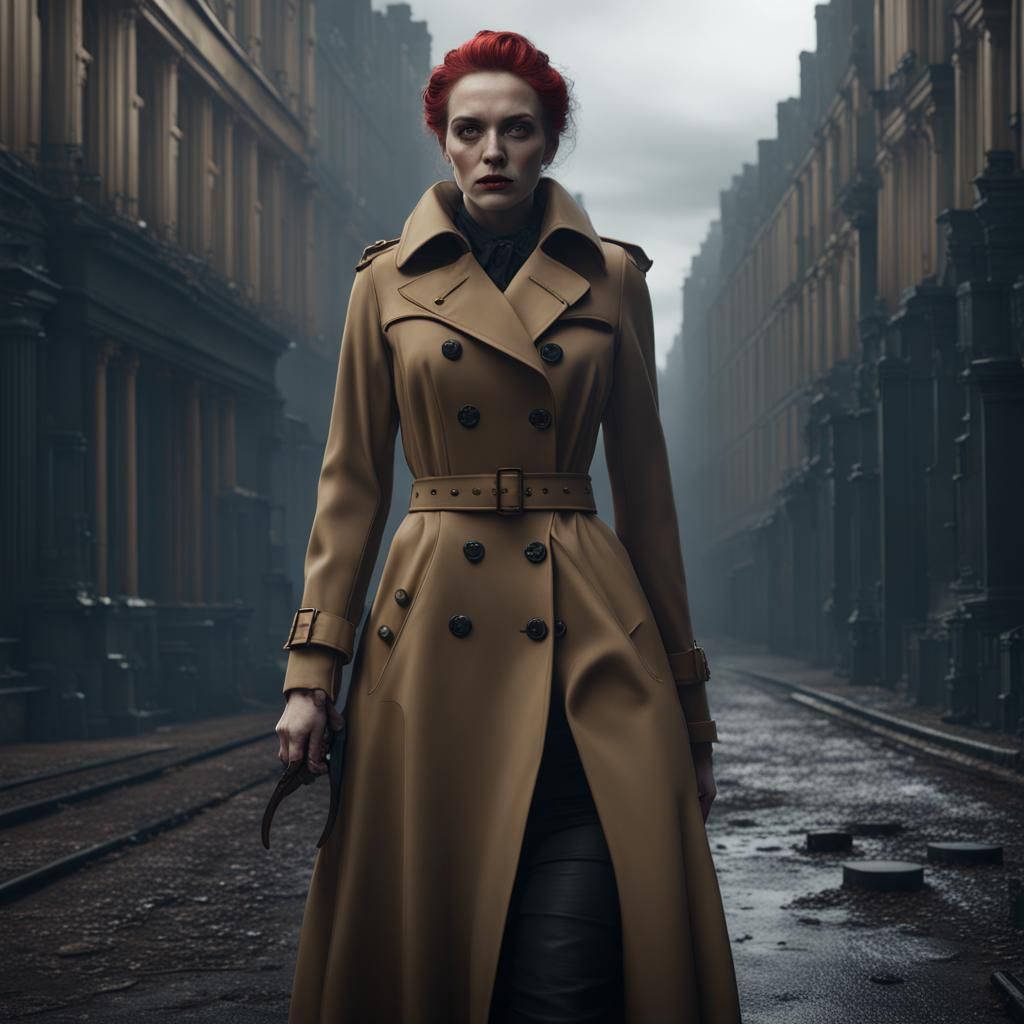 Gothic Woman in Trench Coat: Detailed Fantasy Art