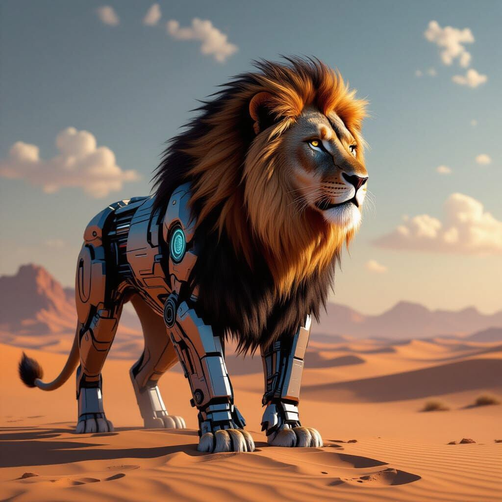 Half-Robot, Half-Lion in Desert Concept Art