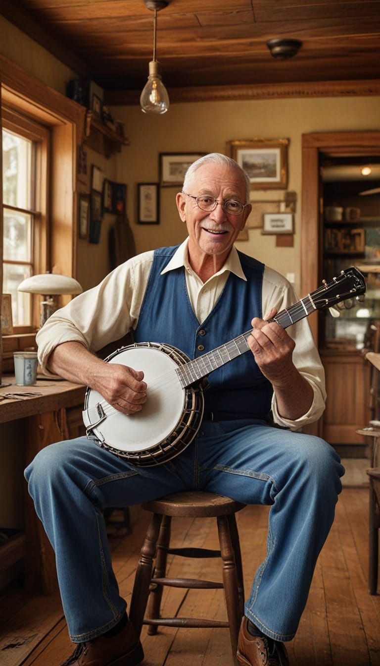 Warm Americana Scene with Grampa Jones Playing Banjo