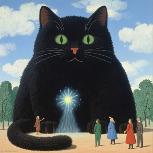 Giant Magic Cat in Surreal Landscape