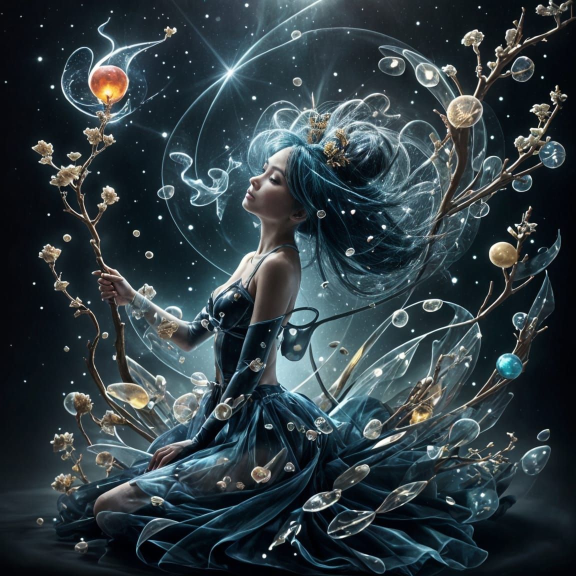 Abstract Geometric Jasmine Flower with Ethereal Elements