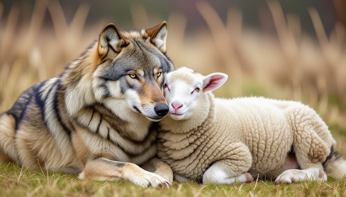 Peaceful Wolf and Sheep Embrace