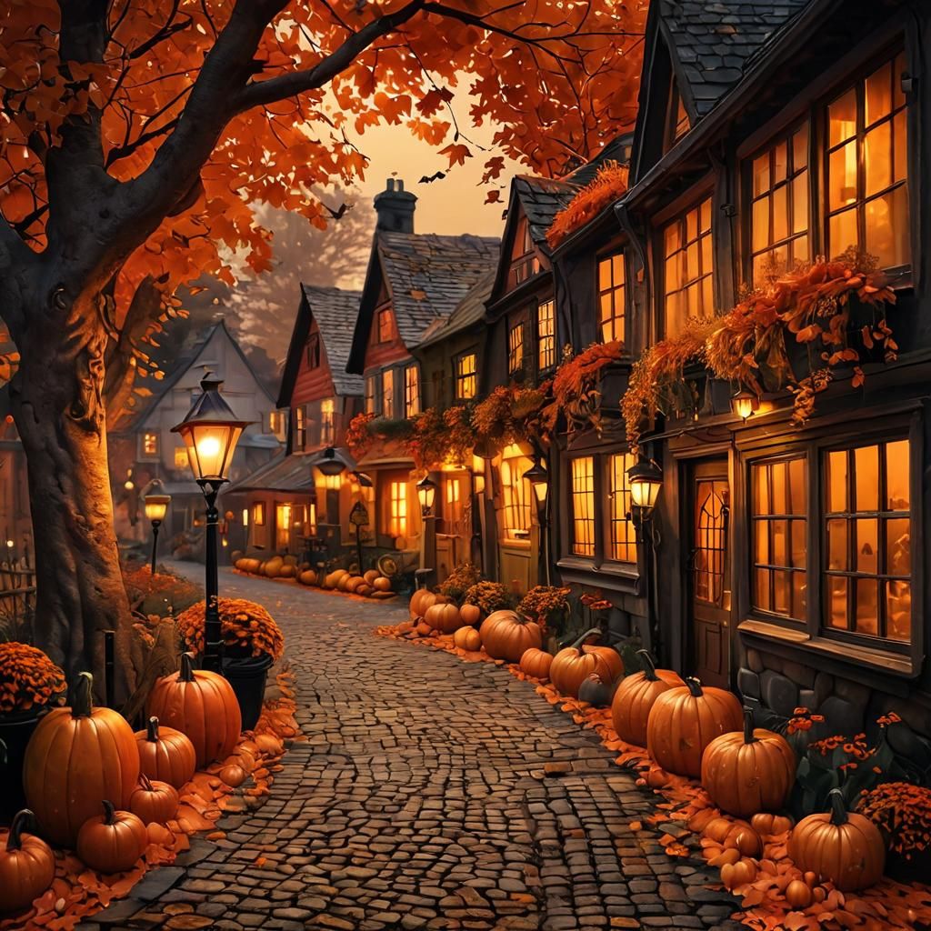 Enchanting Halloween Village Scene in Autumn Colors