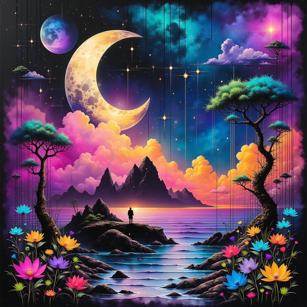 Cosmic Space Figure on the Moon in Dreamy Flare Style