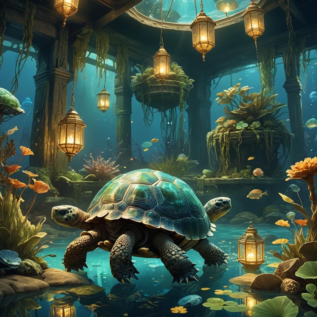Mystical Tortoise in Underwater Fantasy Aquarium