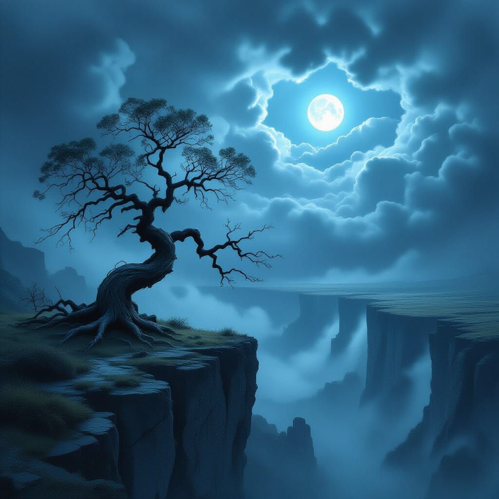 Ancient Tree on Windswept Cliff in Misty Canyon