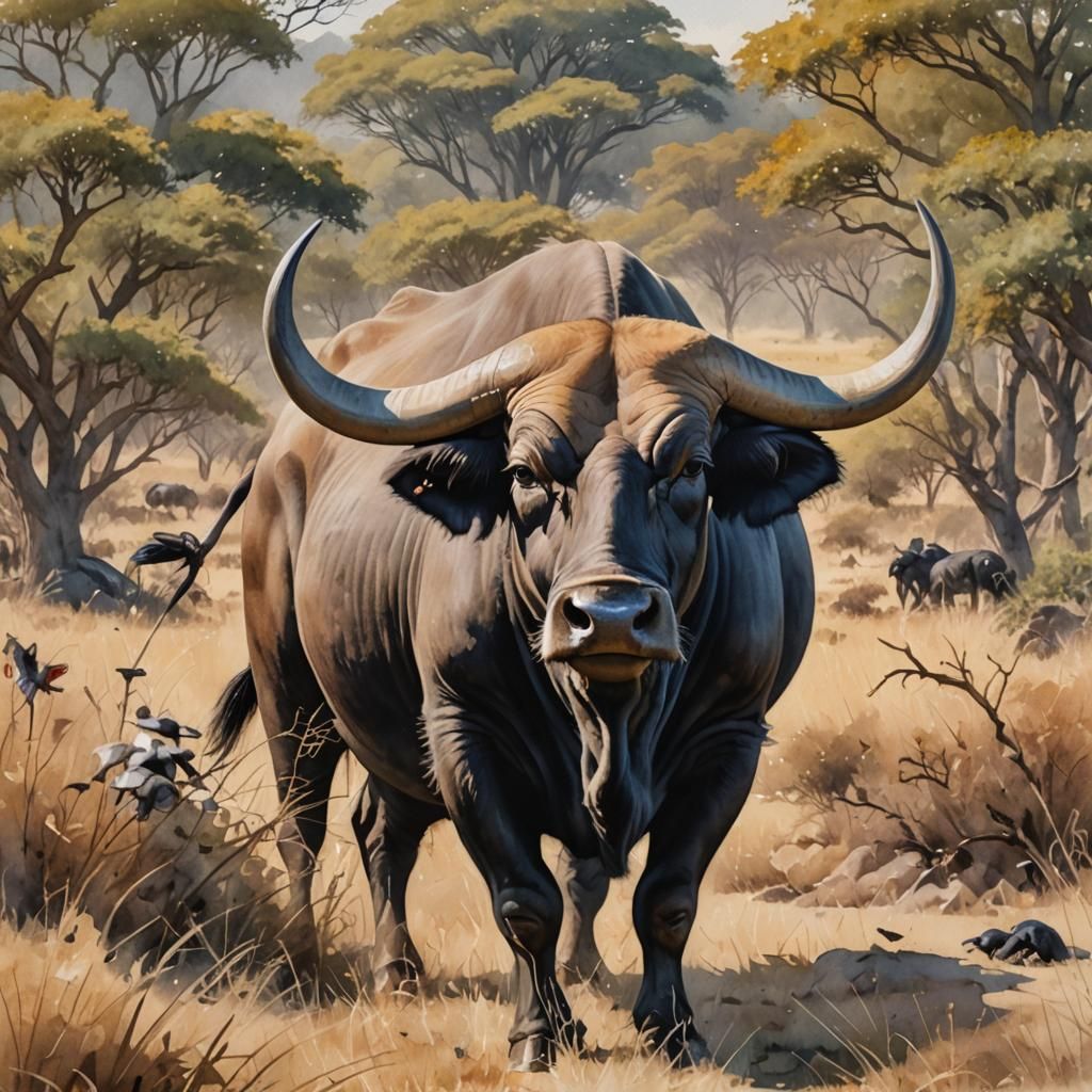 African Water Buffalo with Oxpecker in Watercolor Style