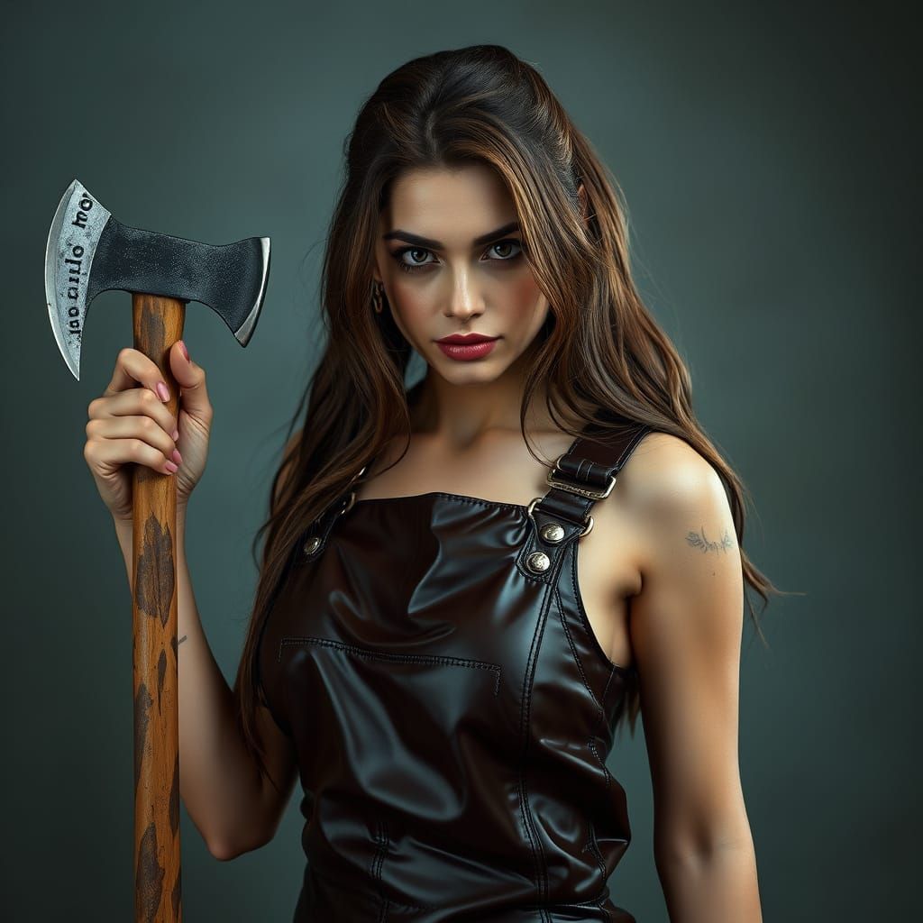 Sensual Woman Poses with Axe in Hyperrealistic Art