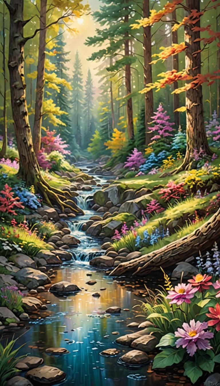 Forest Scene Oil Painting with Sunlight and Flowers