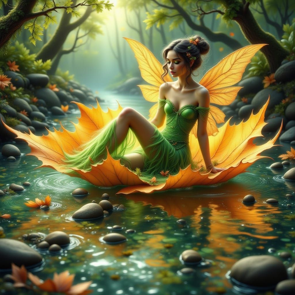 Enchanting Fairy in Emerald Dress on Floating Leaf