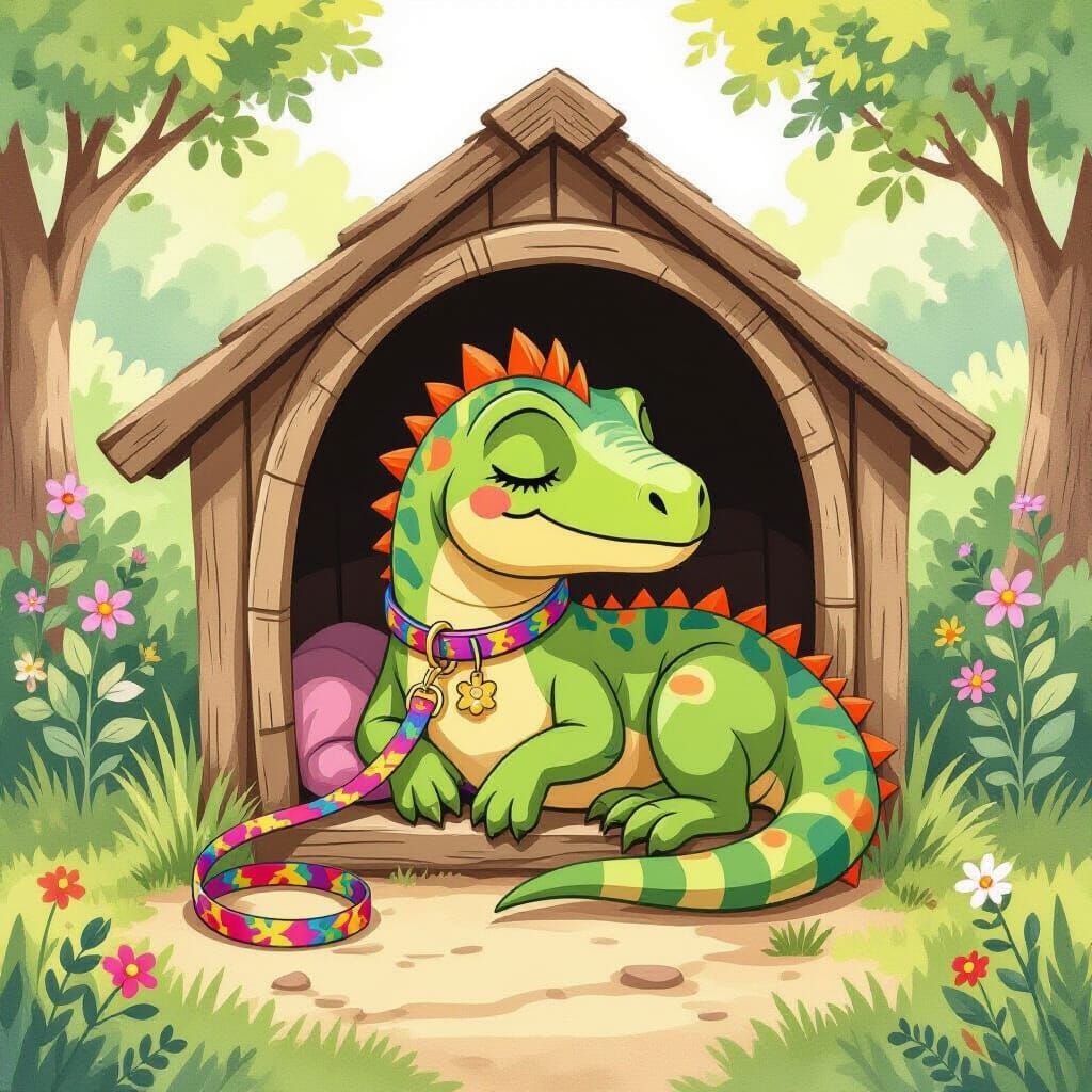 Cartoon Velociraptor Sleeps in Doghouse, Disney Style