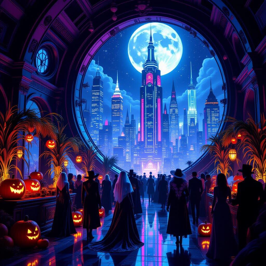 Festive Space Station Party with Cityscape View