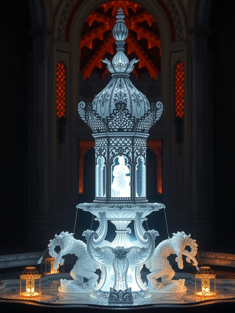 Glowing Ice on Fire Antique Lace Lantern in Mirrored Fountai...