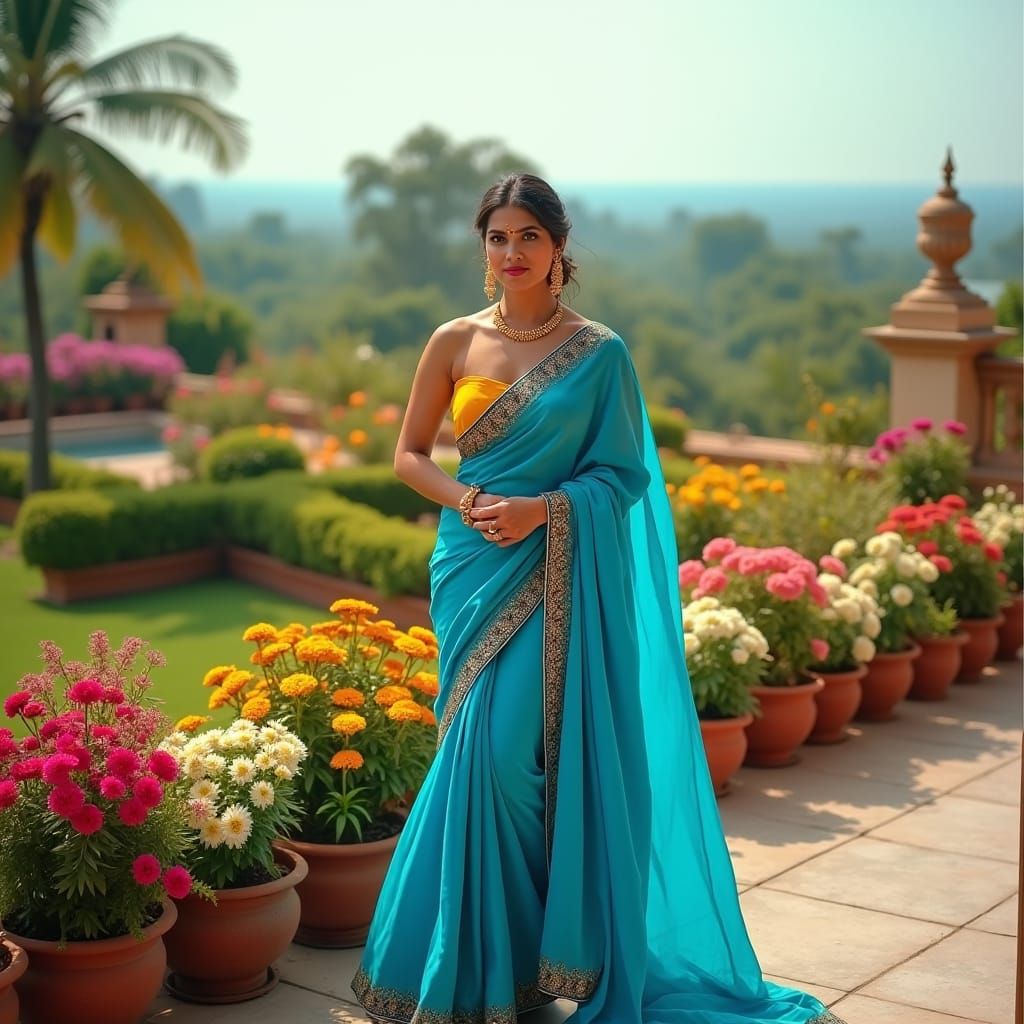 Elegant Indian Woman in Vibrant Blue Marwadi-Style Saree, Ye...