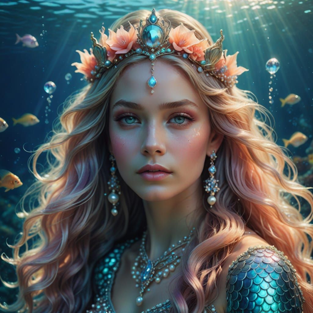 Mystical Mermaid Queen with Pearl Crown in Ethereal Light