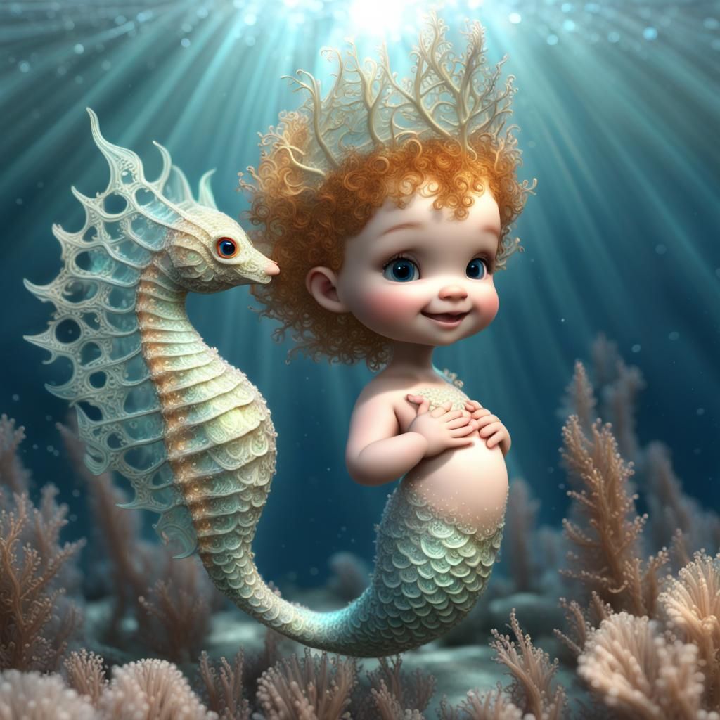 Freckled Mermaid Baby with Bioluminescent Sea Anemones