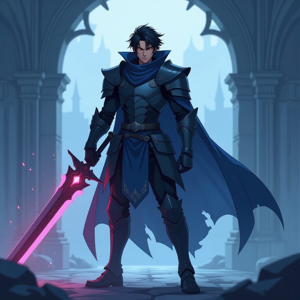 Anime Shadow Knight Illustration in Cel-Shaded Style