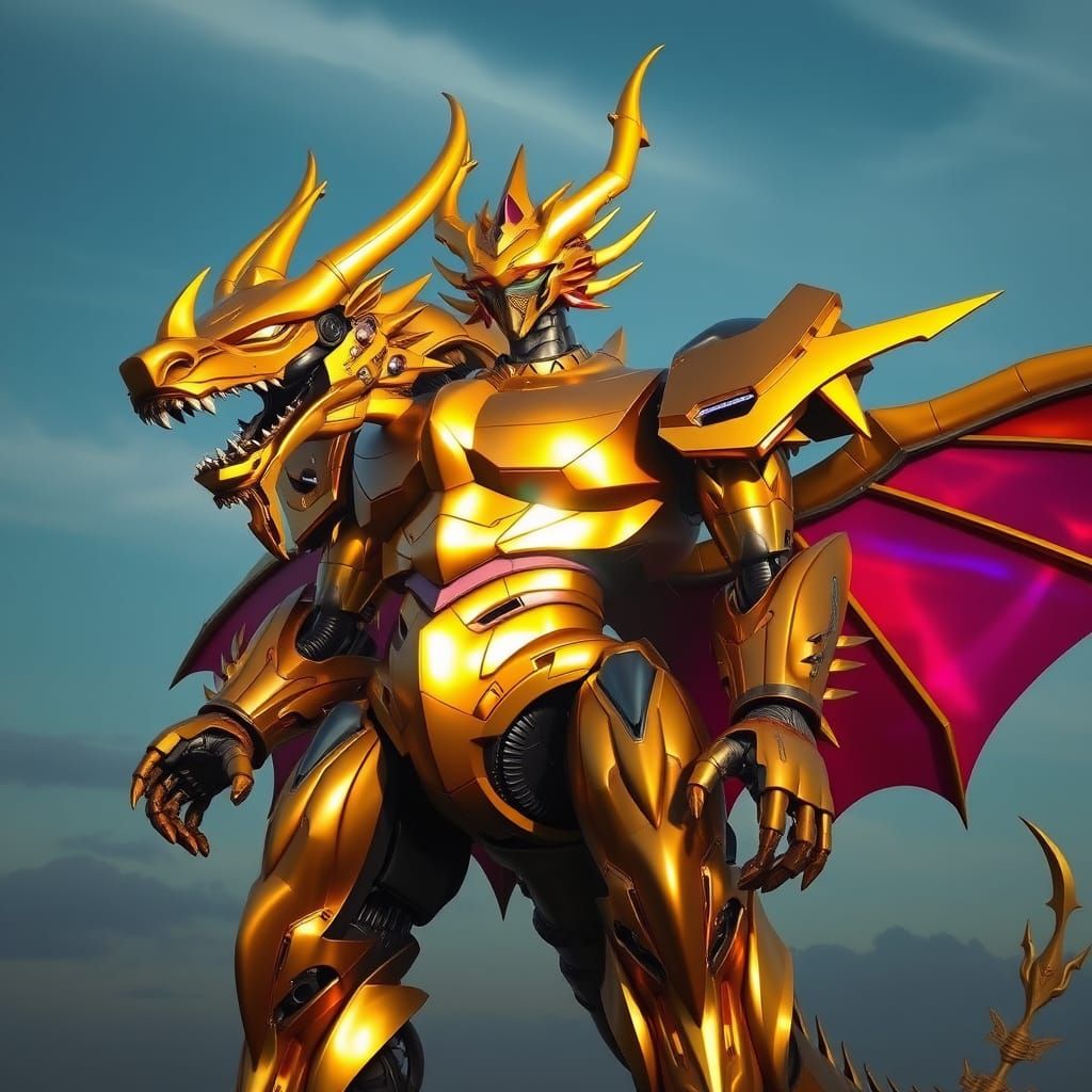 Golden Dragon Robot in Heroic Pose, Inspired by Grendizer