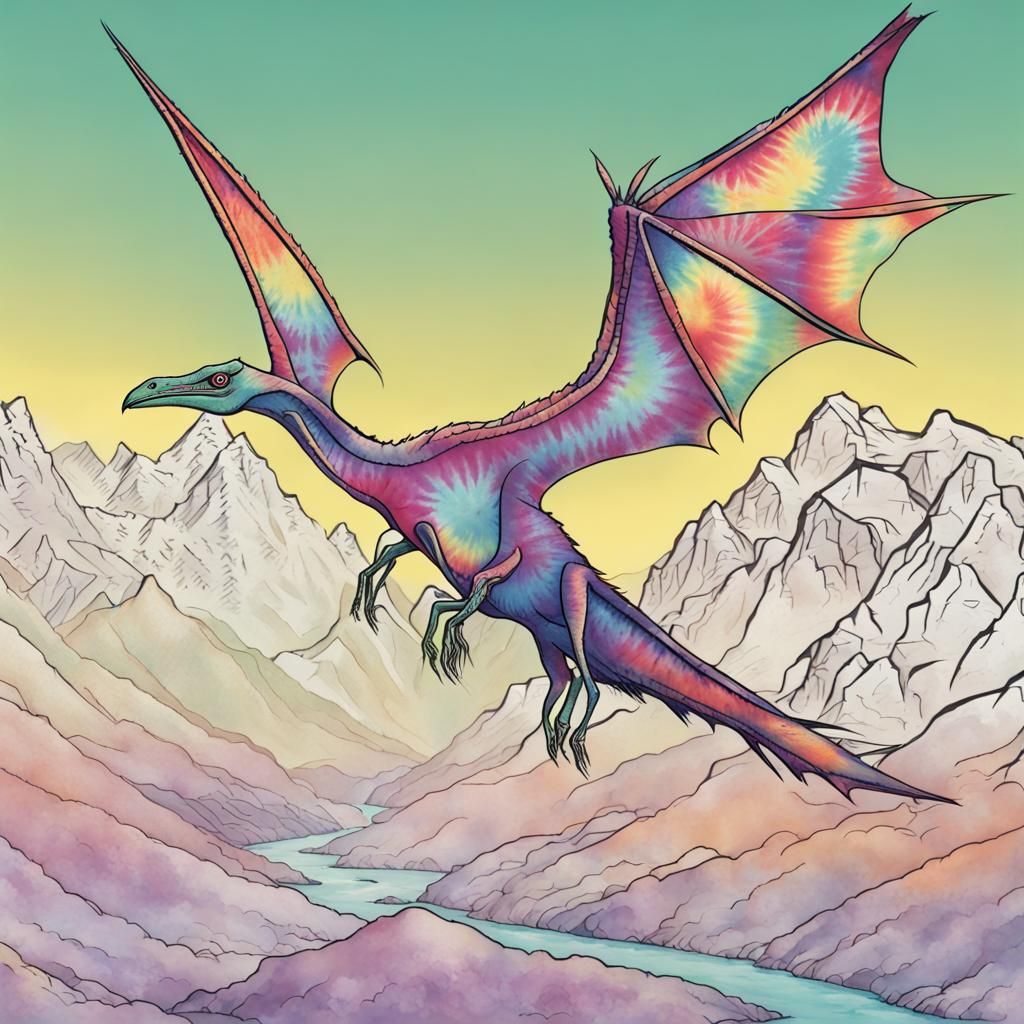 Tie Dye Pterodactyl Soaring Over Rockies: Scientific Illustr...