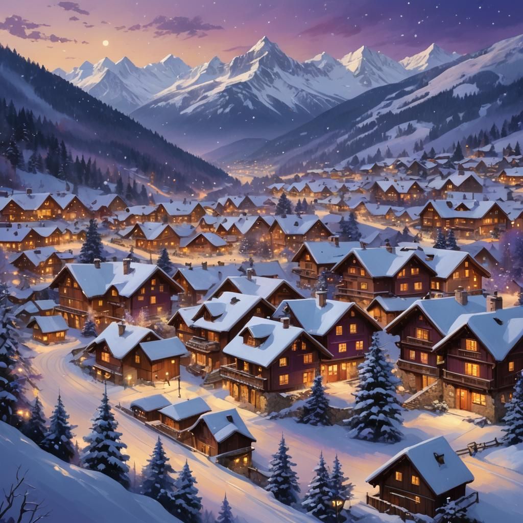 Alpine Village at Dusk in Kinkade Style