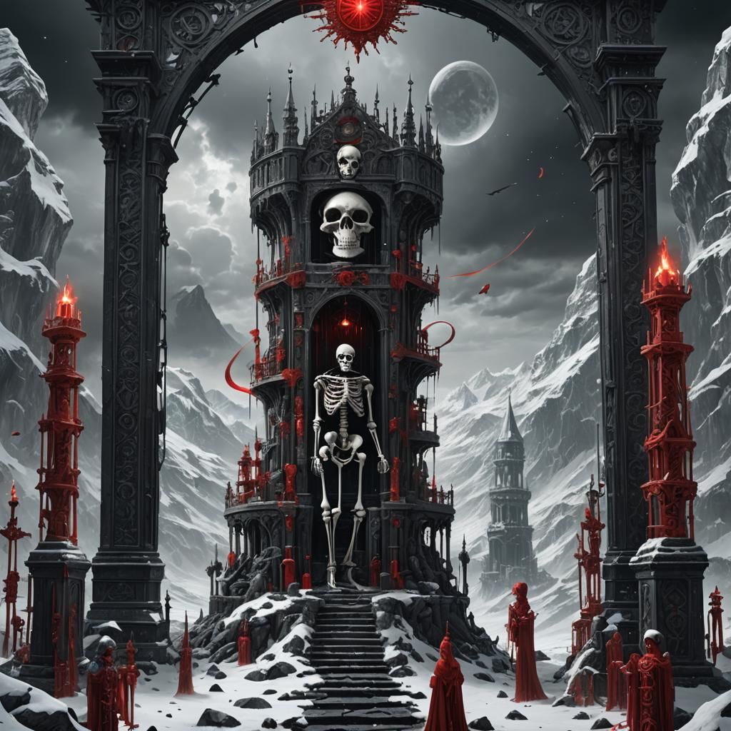 Tower Tarot Card with Skeleton in Snow