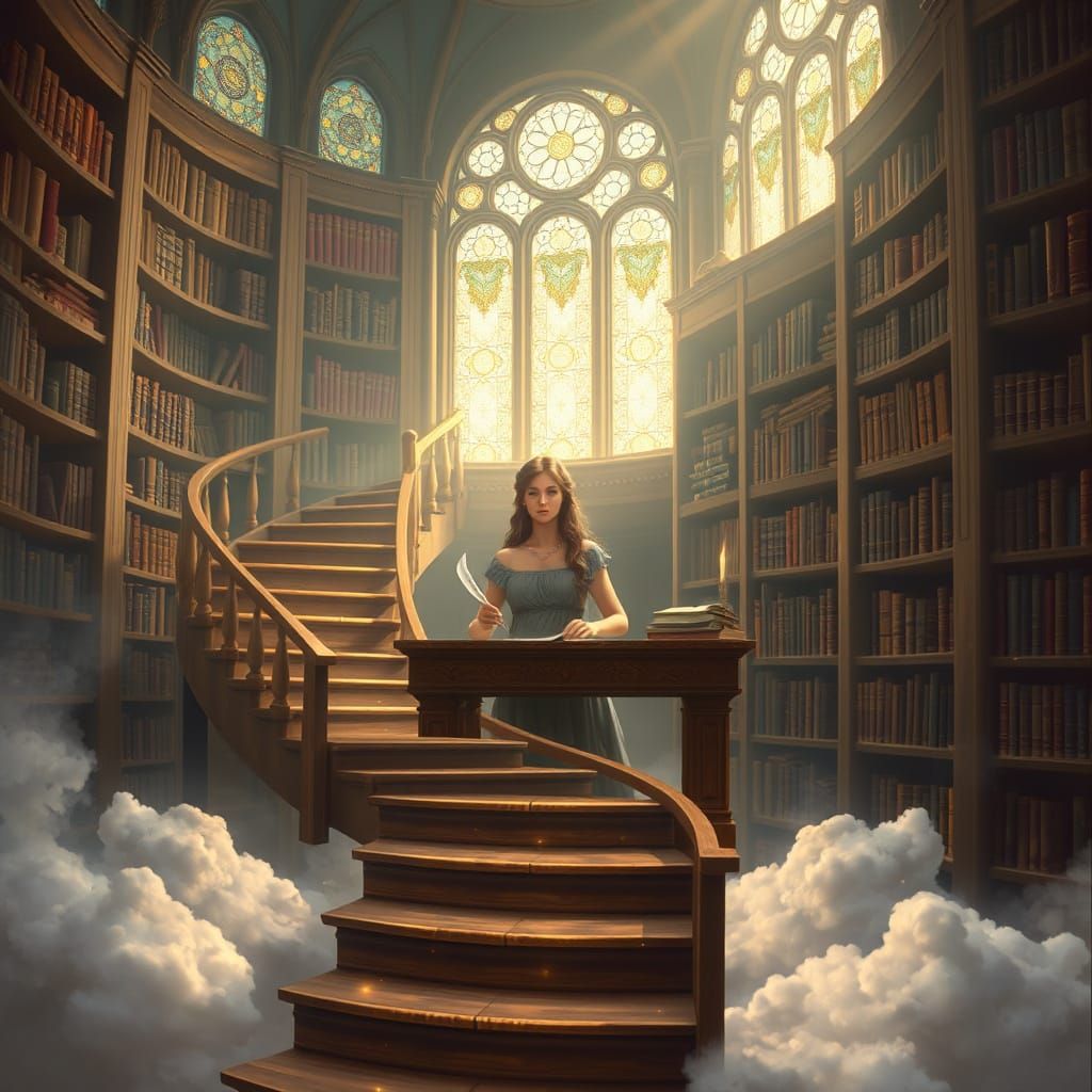 Athena's Celestial Library: A Waterhouse-Bouguereau Inspired...