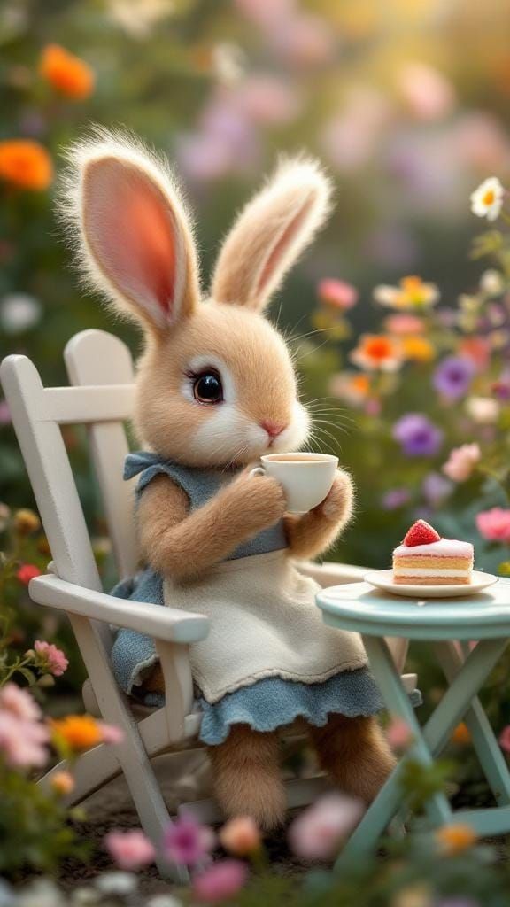 Adorable Fluffy Bunny's Tea Party in Cottage Garden