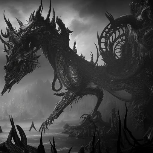 Detailed Black and White Demon Concept Art