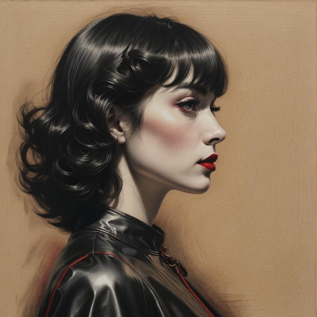 Dramatic Charcoal Sketch of Woman in Red Leather