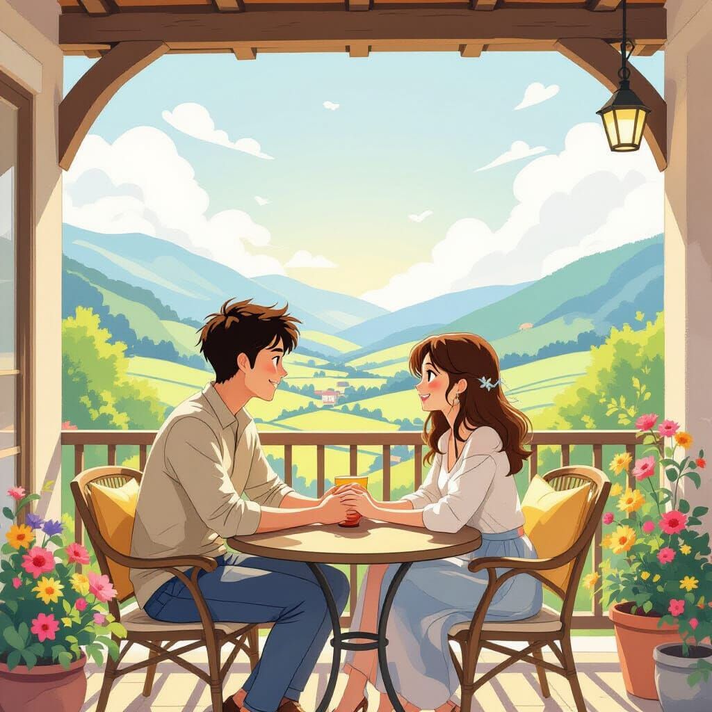 Couple on Balcony in Miyazaki-Inspired Whimsical Style