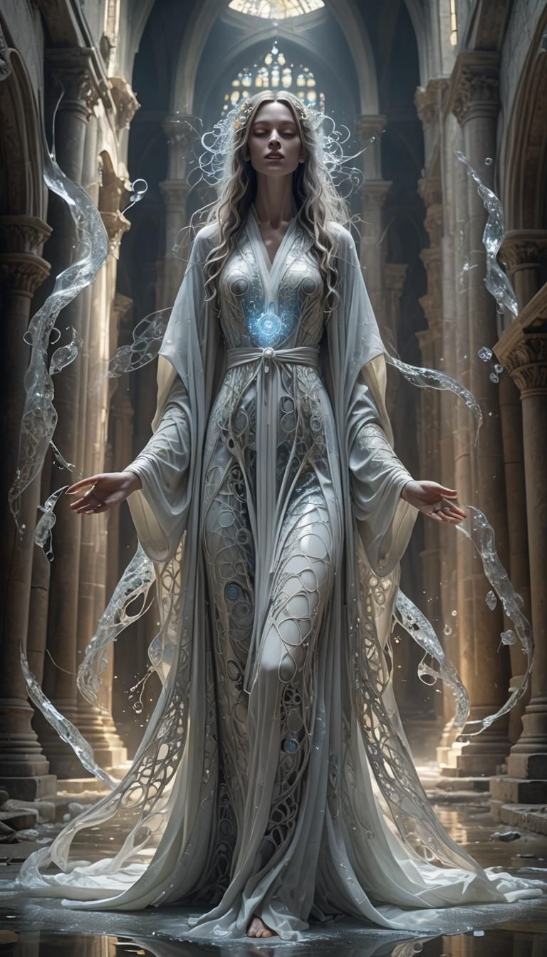 Ethereal Figure in Abandoned Cathedral: Surrealist Painting