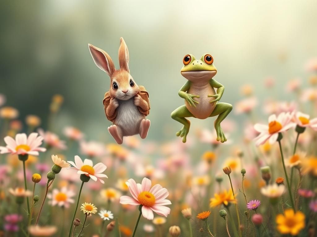 Whimsical Jumping Friends in a Blooming Meadow