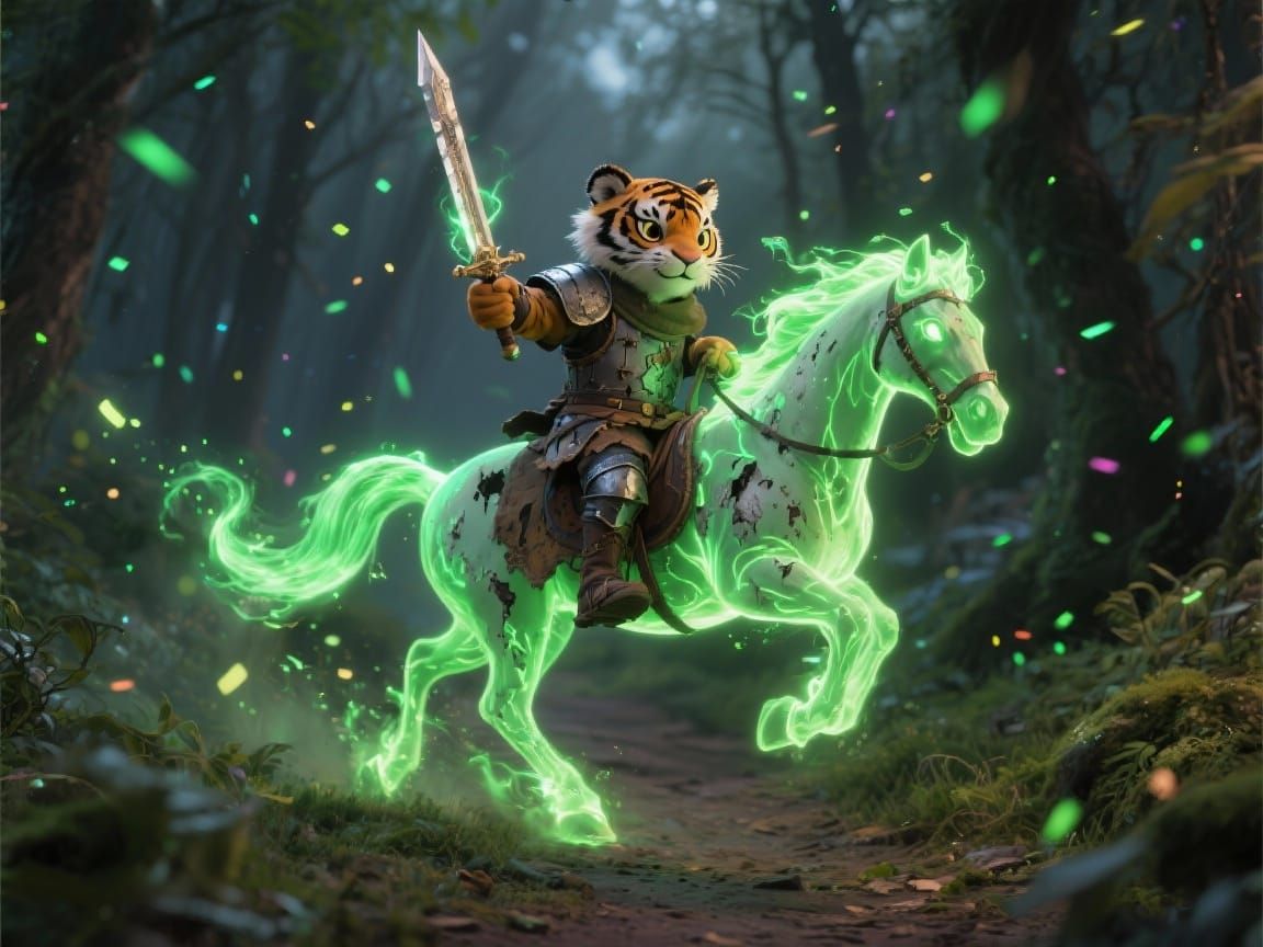 Cute Tiger Knight Rides Magical Energy Horse Through Forest