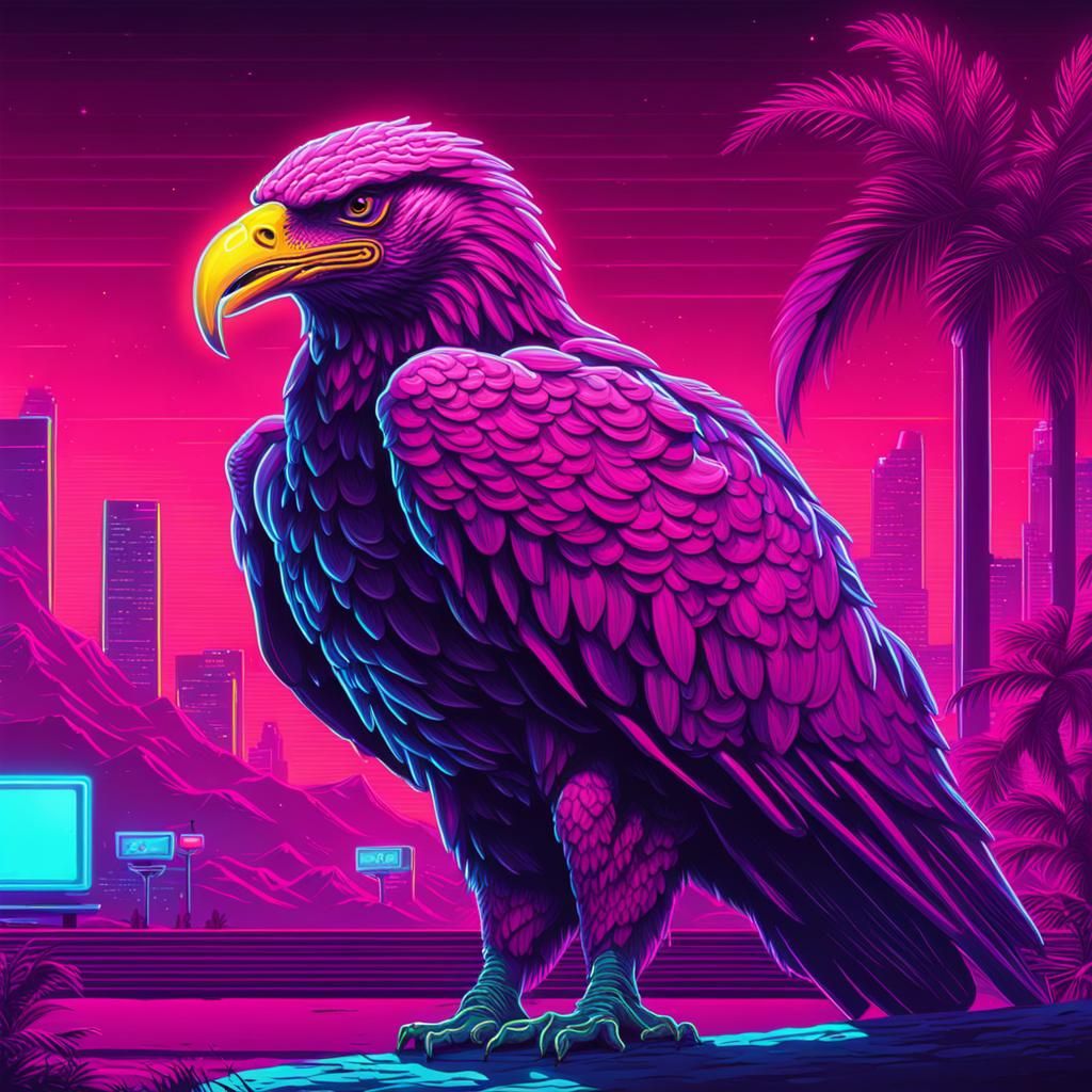 Giant Eagle Eats Worm in Synthwave Neon Style